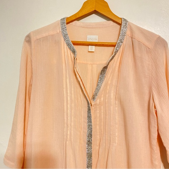 Chico’s Blush Pink Tunic Blouse Metallie Bead Collar 3/4 Sleeves size 0 or 4 - Picture 3 of 11